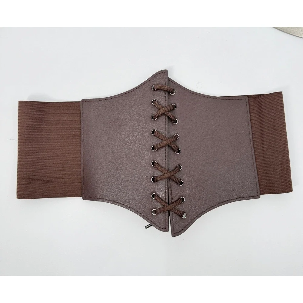 Unbranded Corset Belt Women OS Brown Lace Up Elastic Cinch Waist Faux Leather